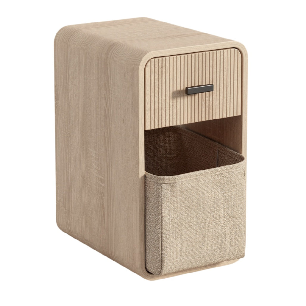 **Meuble de rangement en bois avec tiroir et compartiment en tissu**