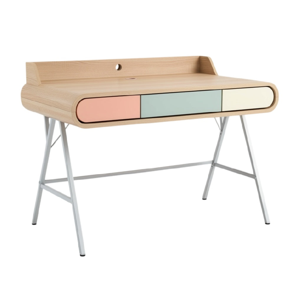 **Bureau minimaliste en bois avec tiroirs colorés**